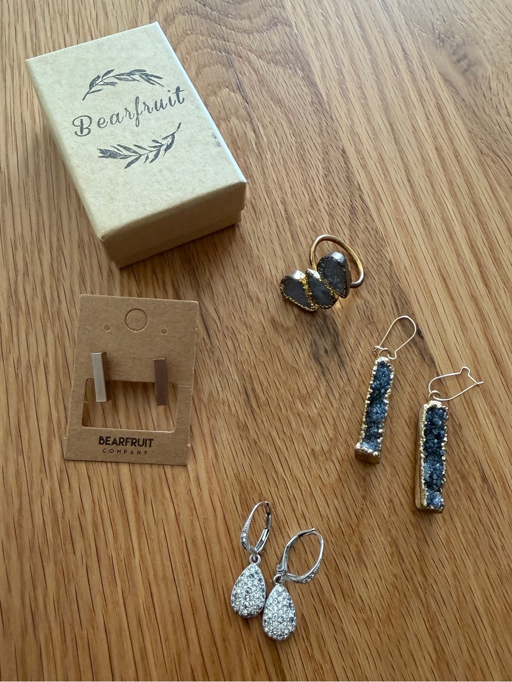 Nadri Pave Tear Drop, Bearfruit Studs & Druzy Gray Purple Earrings + Ring Set